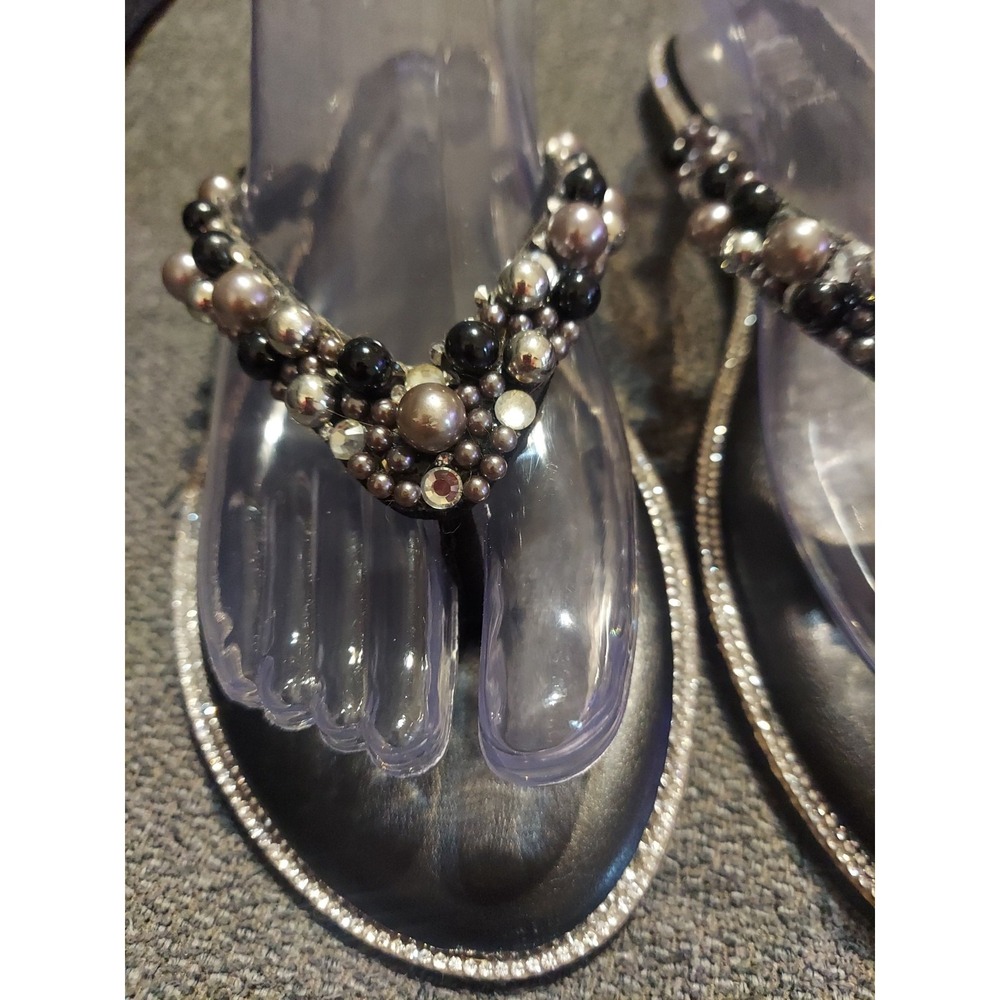 Rouge Helium Black Beaded Rhinestone Thong Sandals Size 10 Boho Bedazzled Y2k - Picture 3 of 12